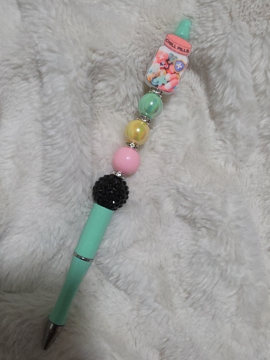 Handcrafted Other - Beaded Chill Pills-Mint Pen with Pink, Yellow & Green Accents